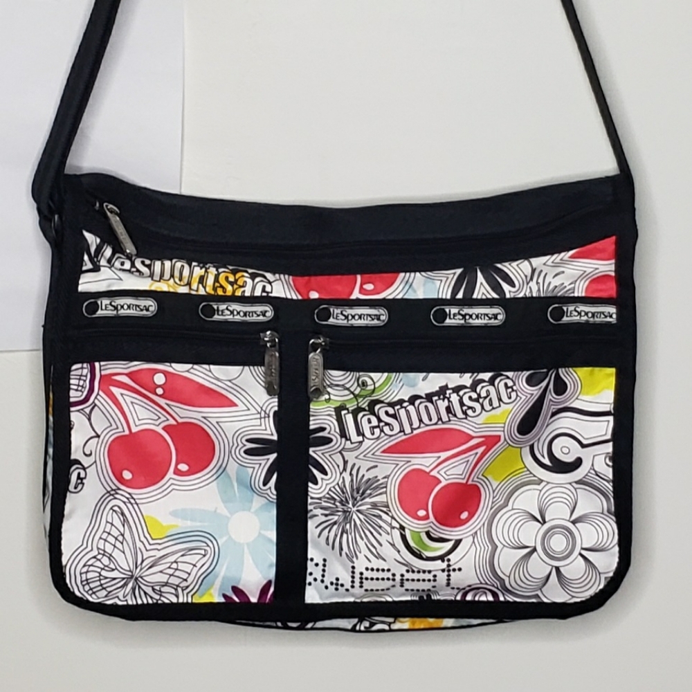 LeSportsac Messenger Bag Everyday Crossbody Black Floral Cherries Retro Nylon